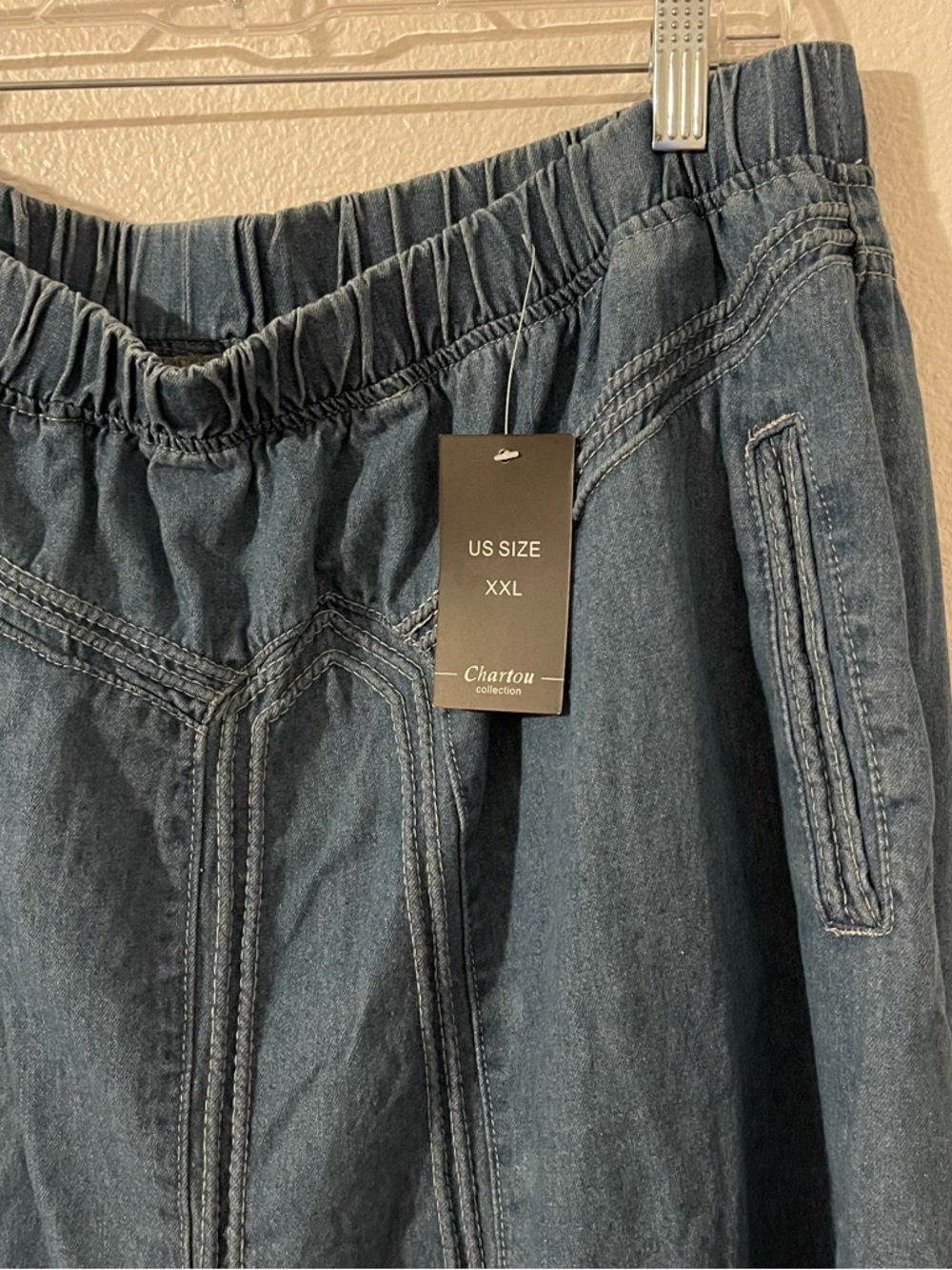 Chartou Women’s XXL A Line Maxi Skirt Denim Raw Hem Stretchy Waist and Pockets - Picture 4 of 9